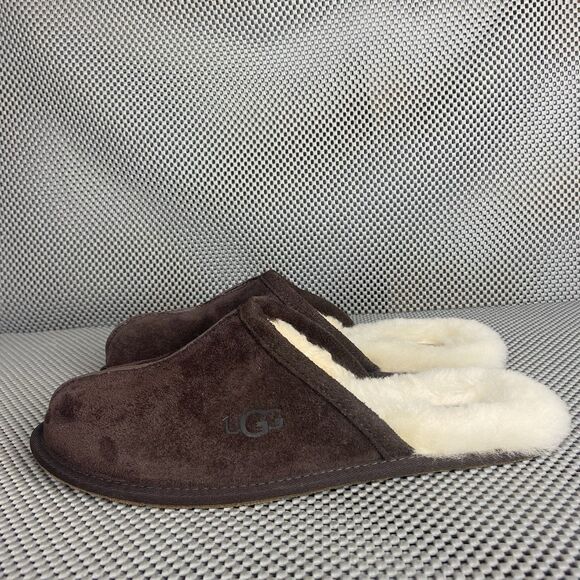 UGG Scuff Slippers Mens Size 11 Brown Leather Sheepskin Shearling Slide On - Picture 2 of 11